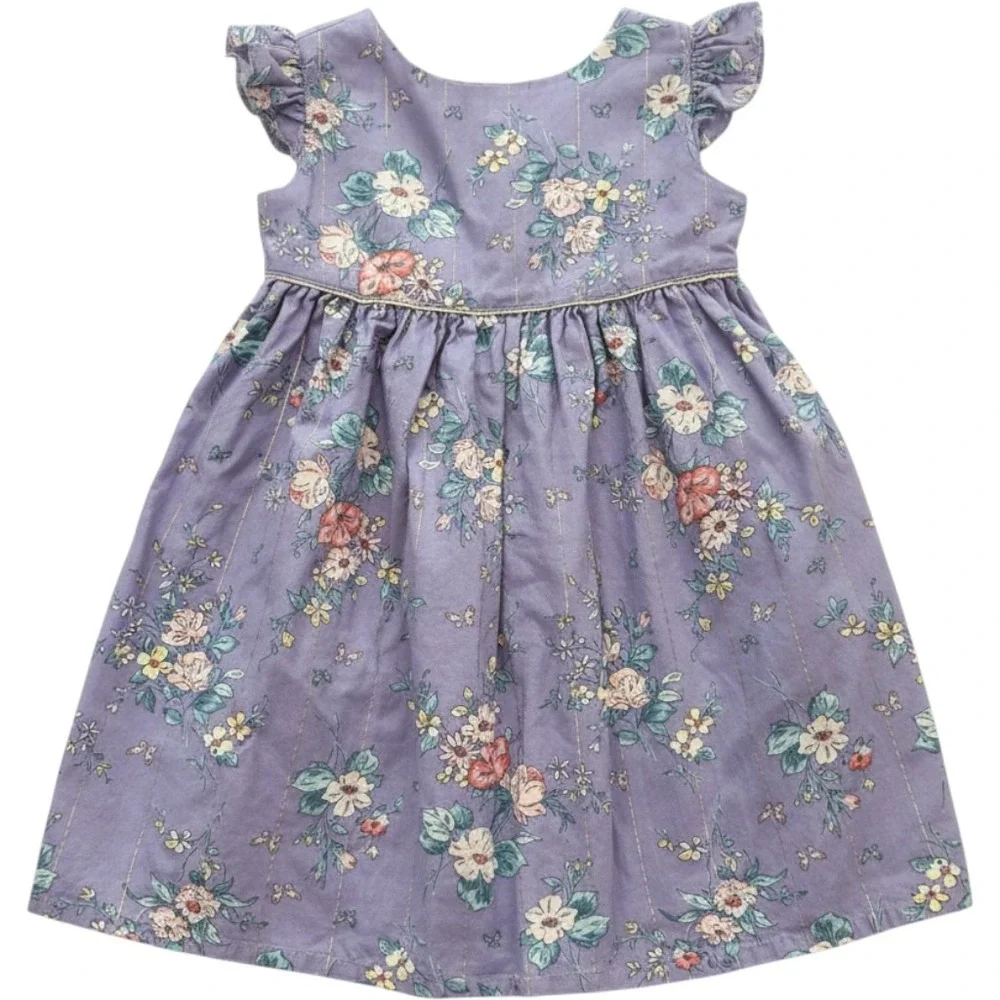 OshKosh B'gosh Floral Dress Toddler 4T/4A Purple Flutter Sleeve Metallic Stripe
